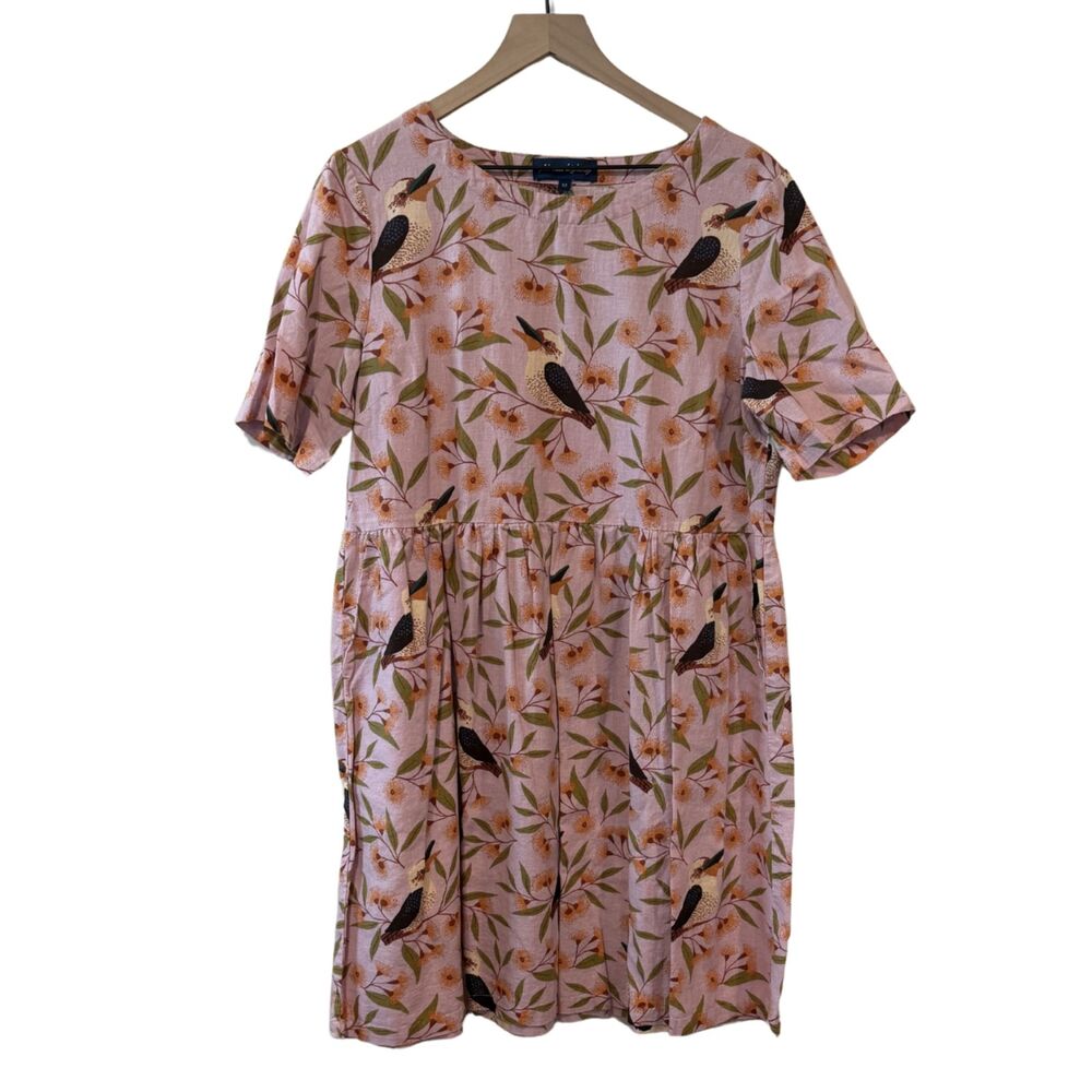 Princess Highway Pink/Purple Short Sleeve Bird Baby Doll Dress Sz 12 Linen Blend